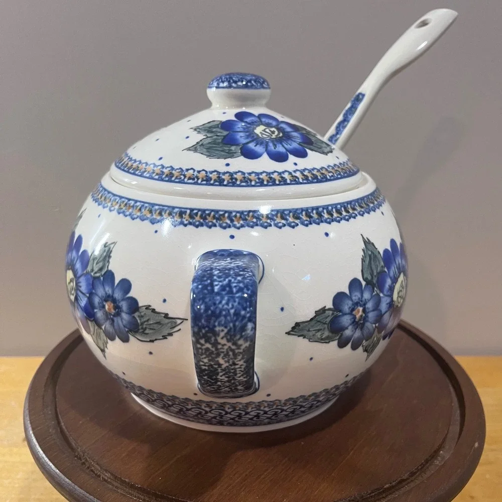 Vtg Polish Pottery Blue Floral Soup Tureen Set with Lid and Ladle Hand Painted